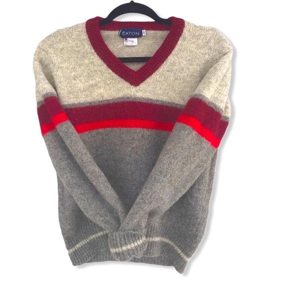 VINTAGE Eaton V-Neck Virgin Wool Grey Sweater - Picture 1 of 10